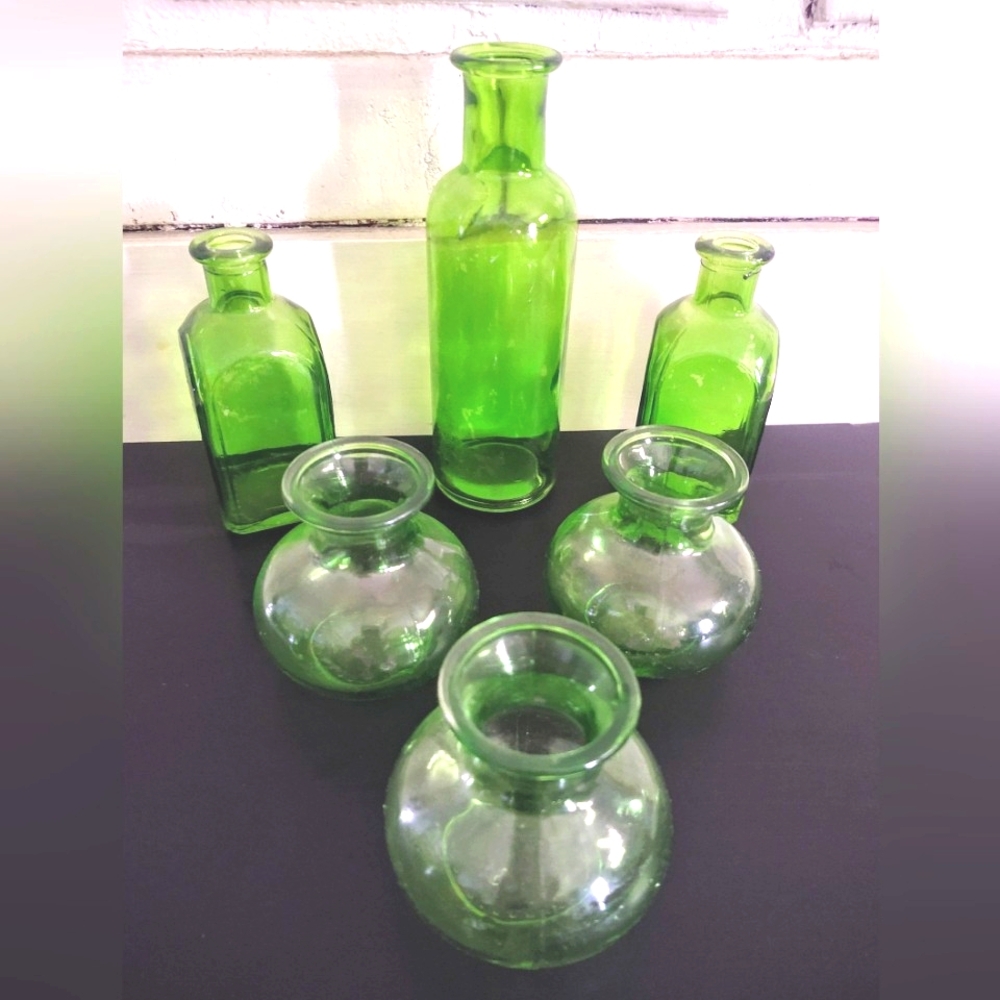 Apothecary LiMe🟢Green Glass Bottle Set~`• 6-Pc Variety